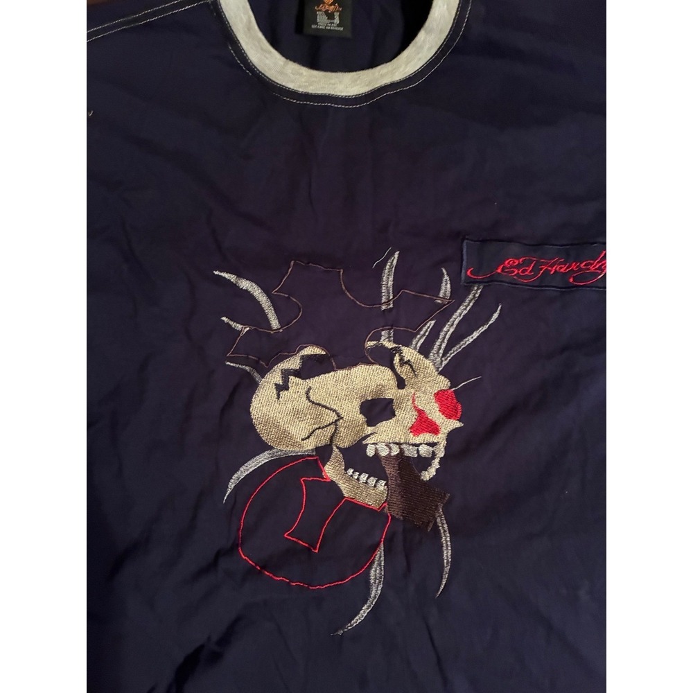 Vintage Ed Hardy Mens Navy Blue Heavyweight Embroidered Skull T-Shirt Y2K 2XL - Picture 2 of 4